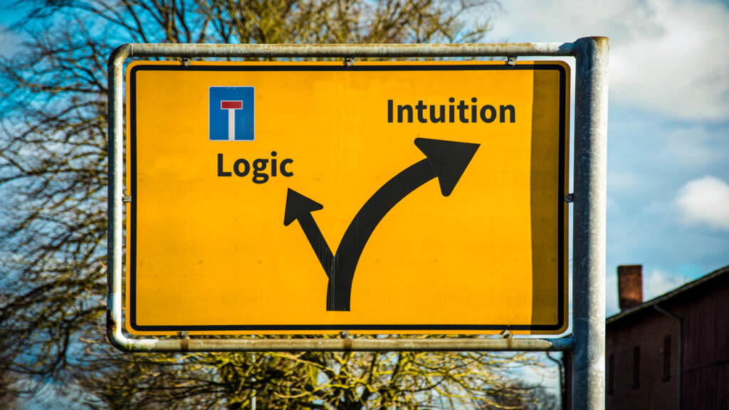 the-pulse-bigstock-Street-Sign-The-Direction-Way–436628786 A yellow street sign with arrows directing towards logic and intuition