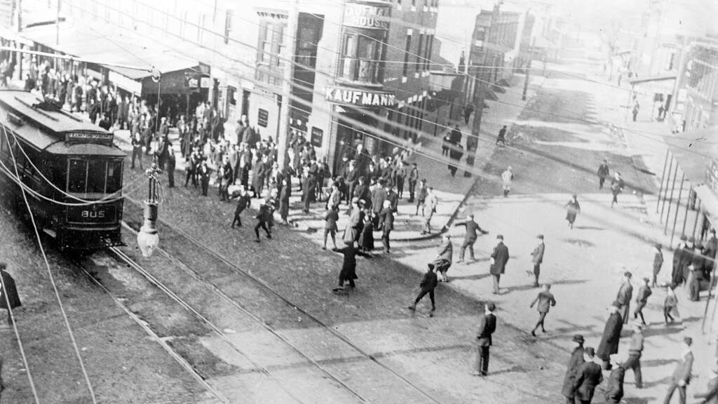 trolleycartransitstrike-protests1910 Protesters stoning a trolley car attempting to break a 1910 strike