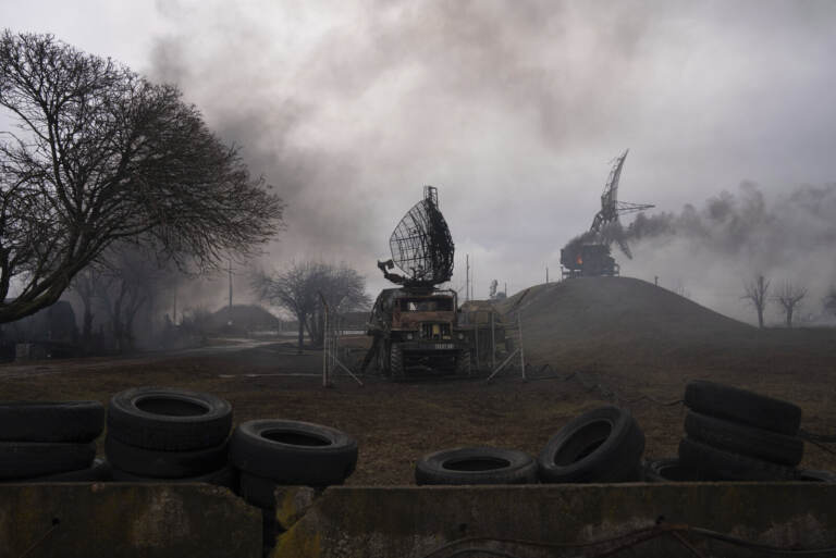 Smoke rise from an air defence base in the aftermath of an apparent Russian strike in Mariupol, Ukraine
