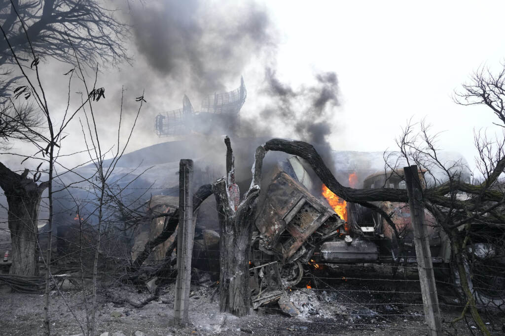 Damaged radar arrays and other equipment is seen at Ukrainian military facility