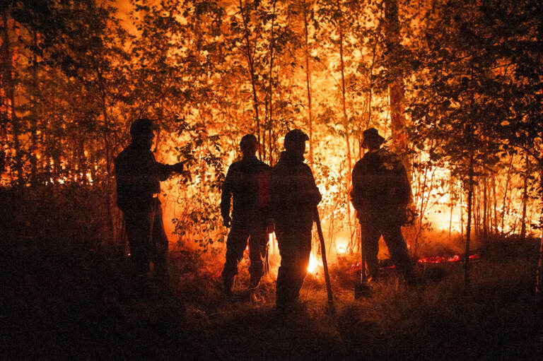 Firefighters work at the scene of forest fire near Kyuyorelyakh village