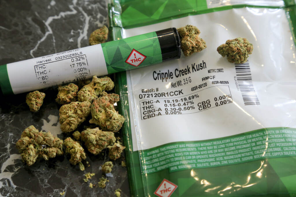 Marijuana Social Equity FILE - The THC percentages of recreational marijuana are visible on the product packaging sitting on a countertop, April 19, 2021, in Mamaroneck, N.Y. (AP Photo/Julie Jacobson, File)