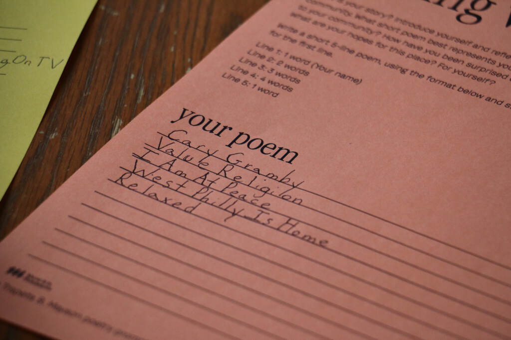 Kensington Healing Voices poetry workshop uses simple prompts to get clients started. Participants write individual and group poetry