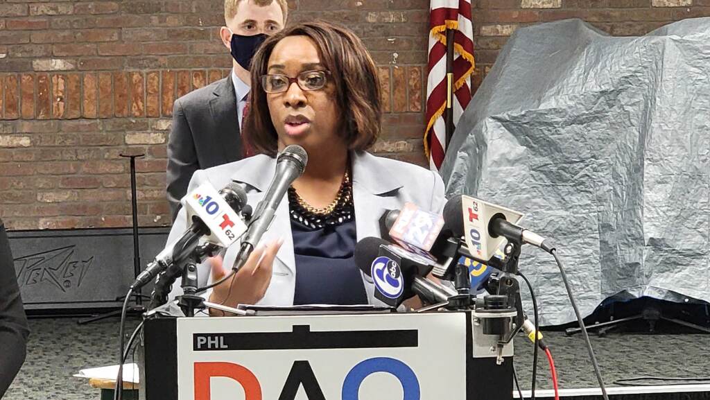 2022-03-07-t-macdonald-district-attorney-michelle-neal Michelle Neal speaking at The Philly DA's office press conference talking about the Youth Aid Panels diversion program on March 7, 2022. (Tom MacDonald / WHYY)