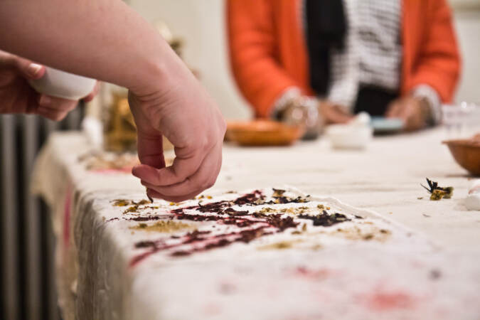Workshop participants learn how to use natural materials to dye protein and plant fiber fabrics