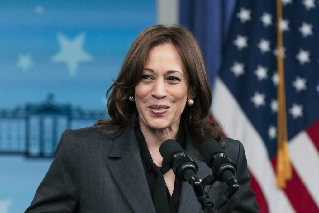 Kamala Harris Vice President Kamala Harris appears in front of a mic at a press conference