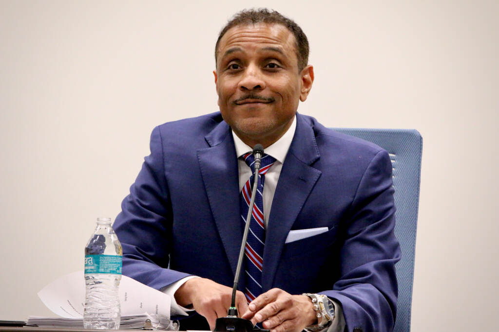 2022 03 16-e lee-tony watlington-philadelphia-school district superintendent candidate eyebrows File photo: Tony Watlington Sr., superintendent of Rowan-Salisbury Schools in North Carolina, meets with parents and guardians at Philadelphia school district headquarters. Watlington is one of three candidates for the superintendent of schools job. (Emma Lee/WHYY)