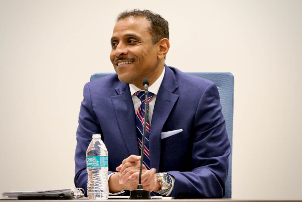 2022 03 16-e lee-tony watlington-philadelphia-school district superintendent candidate smile Tony Watlington Sr. sits at a table