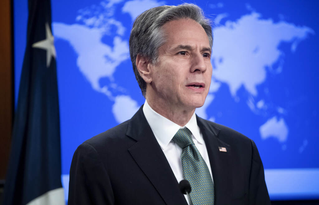 Russia Ukraine War U.S. Secretary of State Antony Blinken speaks to the press about the war in Ukraine, at the State Department in Washington, DC, March 17, 2022. (Photo by SAUL LOEB / POOL / AFP)
