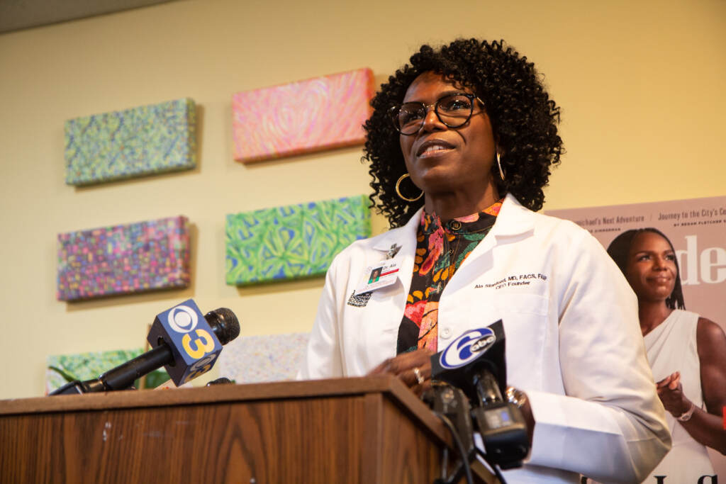 2022 03 28 kpaynter center for health equity funding dr. ala stanford dwight evans-2 Dr. Ala Stanford reflected on 2 years of the Black Doctors Consortium’s efforts to provide health care to undeserved Philadelphians on March 28, 2022. (Kimberly Paynter/WHYY)