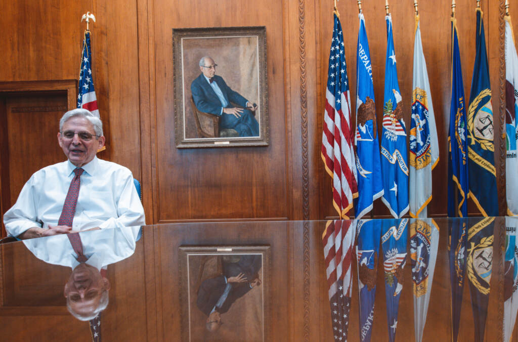 Attorney General Merrick Garland, seen here in his office at the Department of Justice, discussed his wide remit, where the priorities range from price-fixing in the chicken industry to Russian oligarchs financing the war in Ukraine, in an interview with NPR. Washington D.C. March 9th 2022. Attorney General Merrick Garland, speaking during an interview with NPR in his office at the U.S. Department of Justice in Washington D.C. Attorney General Garland has been the 86th United States attorney general since March 2021. (Photo by Eman Mohammed for NPR)
