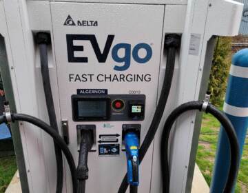 20220309_153241 One of the new bank of EVgo quick chargers for electric vehicles outside a Wawa store at Aramingo Avenue and Wheatsheaf Lane in Philadelphia. (Tom MacDonald/WHYY)
