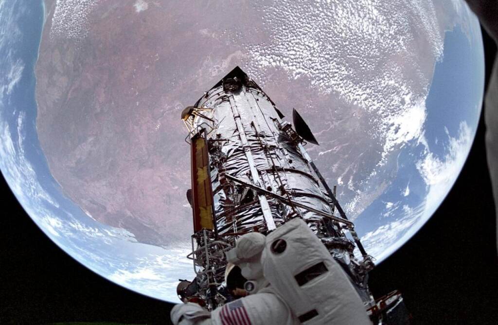 Because space shuttle missions went up to repair and refurbish the Hubble Space Telescope, it has a relatively large carbon footprint compared to other telescopes.
(NASA)