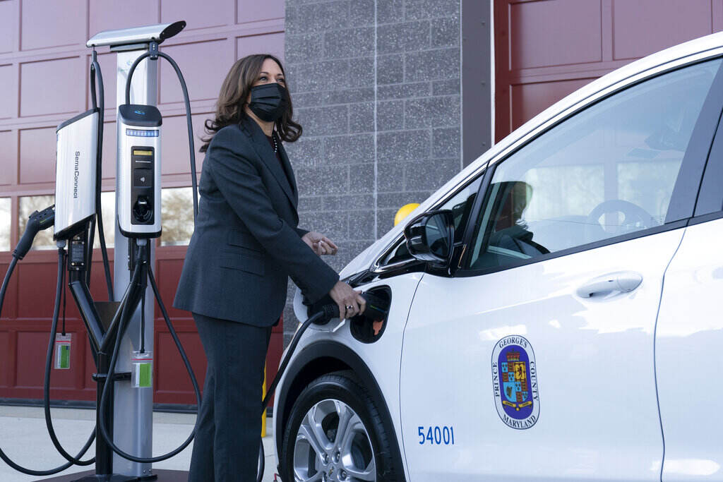 Kamala Harris Vice President Kamala Harris charges an electric vehicle in one of the charging stations during her tour of the Brandywine Maintenance Facility in Prince George's County, Md., highlighting the electric vehicle investments in the bipartisan infrastructure law and the