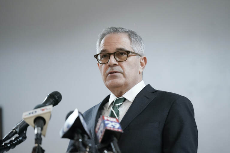 File photo: Philadelphia District Attorney Larry Krasner speaks during a news conference in Philadelphia, Monday, Jan. 31, 2022