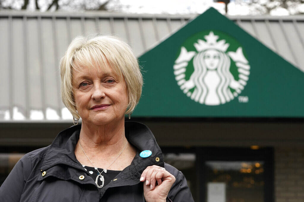 Pam Blauman-Schmitz Pam Blauman-Schmitz, who was a union rep at Starbucks in the mid-1980's, poses for a photo in front of a Starbucks coffee shop Tuesday, Feb. 22, 2022, in Seattle.