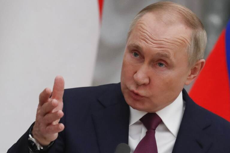 FILE - Russian President Vladimir Putin speaks during a news conference in Moscow, Russia, Feb. 1, 2022. (Yuri Kochetkov/Pool Photo via AP, File)