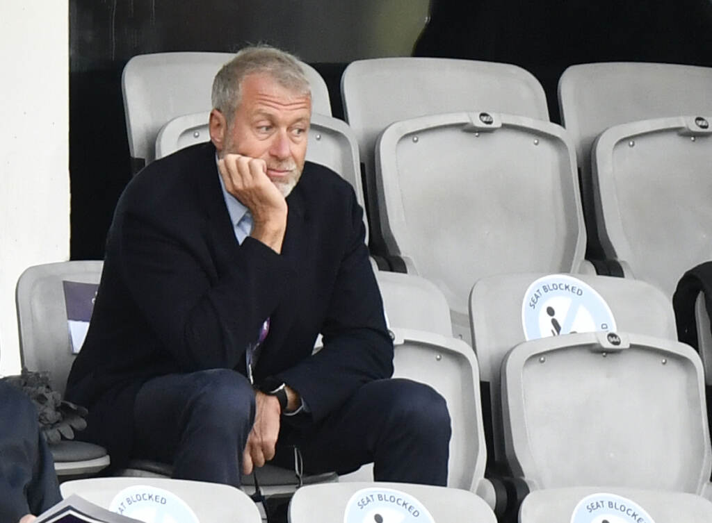 Russia Ukraine Invasion Oligarchs Chelsea soccer club owner Roman Abramovich, right, attends the UEFA Women's Champions League final soccer match between Chelsea FC and FC Barcelona in Gothenburg, Sweden, Sunday, May 16, 2021