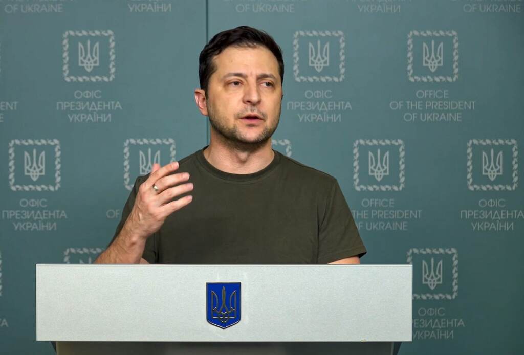 Russia Ukraine War Disinformation In this photo, Feb. 27, 2022, taken from video provided by the Ukrainian Presidential Press Office, Ukrainian President Volodymyr Zelenskyy speaks to the nation in Kyiv, Ukraine. (Ukrainian Presidential Press Office via AP, File)