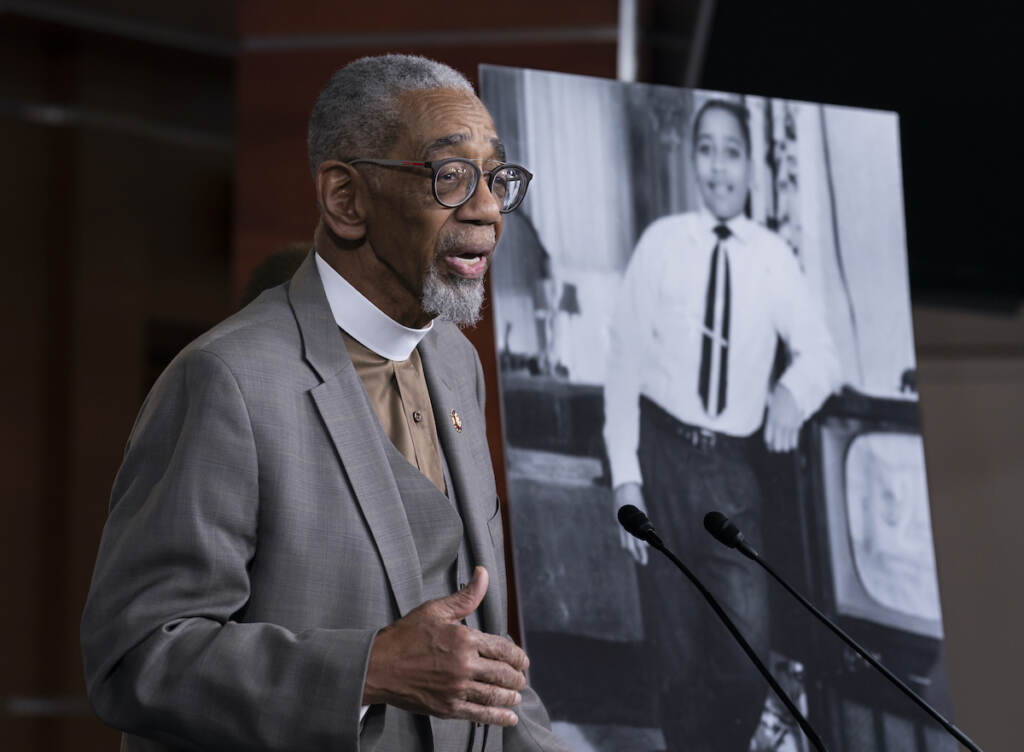Bobby Rush File photo: Rep. Bobby Rush, D-Ill., speaks during a news conference about the ''Emmett Till Anti-Lynching Act'' on Capitol Hill in Washington, on Feb. 26, 2020. Emmett Till, pictured at right, was a 14-year-old African-American who was lynched in Mississippi in 1955, after being accused of offending a white woman in her family's grocery store. Congress has given final approval to legislation that for the first time would make lynching a federal hate crime in the U.S.