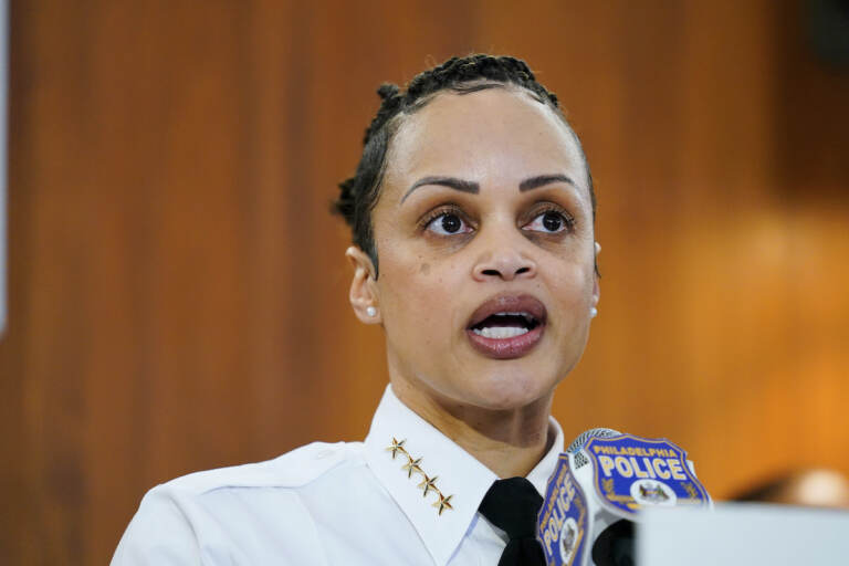 Philadelphia Police Commissioner Danielle Outlaw speaks with members of the media during a news conference in Philadelphia, Tuesday, March 8, 2022. Outlaw announced she plans to suspend and fire the plainclothes officer who fired the fatal shot that killed a fleeing 12-year-old Thomas Siderio Jr. last week