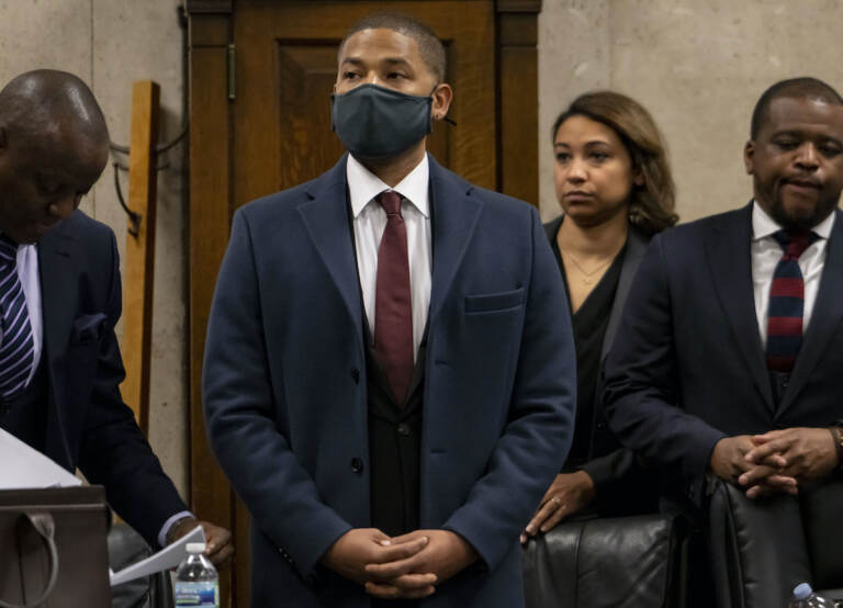 Actor Jussie Smollett appears with his attorneys at his sentencing hearing Thursday, March 10, 2022 at the Leighton Criminal Court Building. (Brian Cassella/Pool/Chicago Tribune)