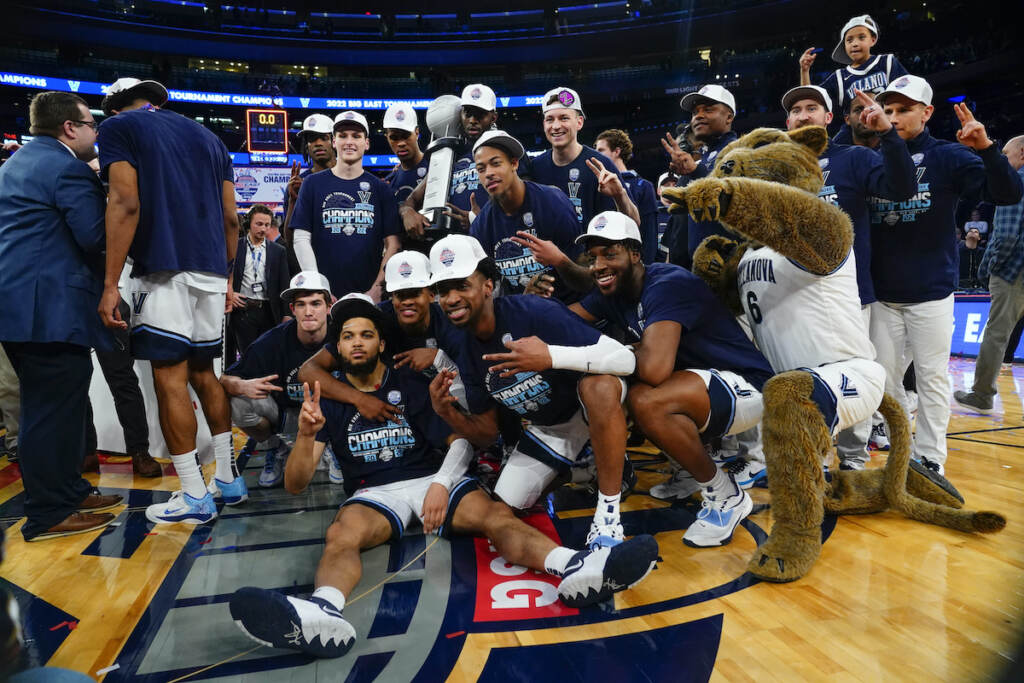 BEast Creighton Villanova Basketball Villanova players pose with the tournament trophy after defeating Creighton in the final of the Big East conference tournament Saturday, March 12, 2022, in New York