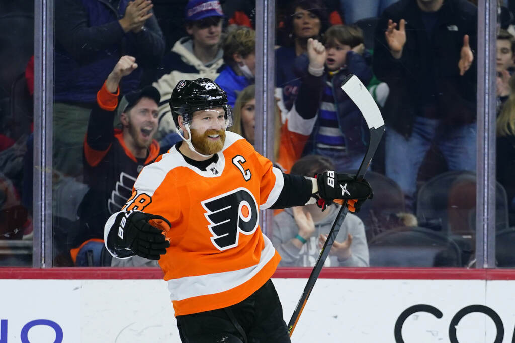 File photo: Philadelphia Flyers' Claude Giroux celebrates after scoring a goal during the second period of an NHL hockey game against the Montreal Canadiens, Sunday, March 13, 2022, in Philadelphia. Giroux's 1,000th career game with the Flyers on Thursday night could be his last in orange-and-black for the 34-year-old center approaching the final months of his contract