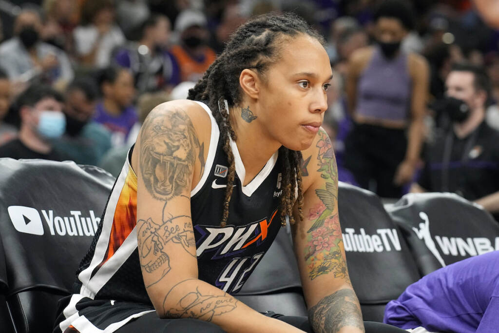 Russia Griner Arrested Basketball File photo: Phoenix Mercury center Brittney Griner sits during the first half of Game 2 of basketball's WNBA Finals against the Chicago Sky, Wednesday, Oct. 13, 2021, in Phoenix. A Moscow court announced it has extended the arrest of WNBA star Brittney Griner until May 19, according to the Russian state news agency Tass. Griner was detained at a Moscow airport in February after Russian authorities said a search of her luggage revealed vape cartridges. They were identified as containing oil derived from cannabis, which could carry a maximum penalty of 10 years in prison