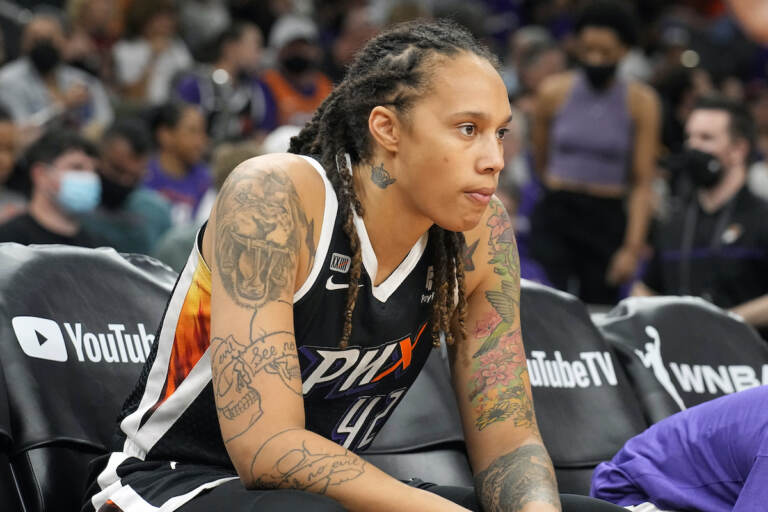File photo: Phoenix Mercury center Brittney Griner sits during the first half of Game 2 of basketball's WNBA Finals against the Chicago Sky, Wednesday, Oct. 13, 2021, in Phoenix. A Moscow court announced it has extended the arrest of WNBA star Brittney Griner until May 19, according to the Russian state news agency Tass. Griner was detained at a Moscow airport in February after Russian authorities said a search of her luggage revealed vape cartridges. They were identified as containing oil derived from cannabis, which could carry a maximum penalty of 10 years in prison