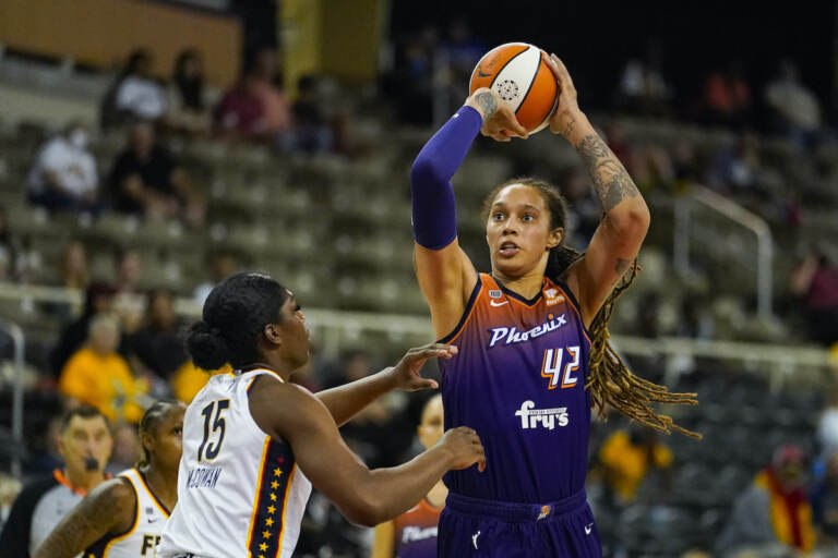 File photo: Phoenix Mercury center Brittney Griner (42) shoots over Indiana Fever forward Teaira McCowan (15) in the first half of a WNBA basketball game in Indianapolis, Monday, Sept. 6, 2021