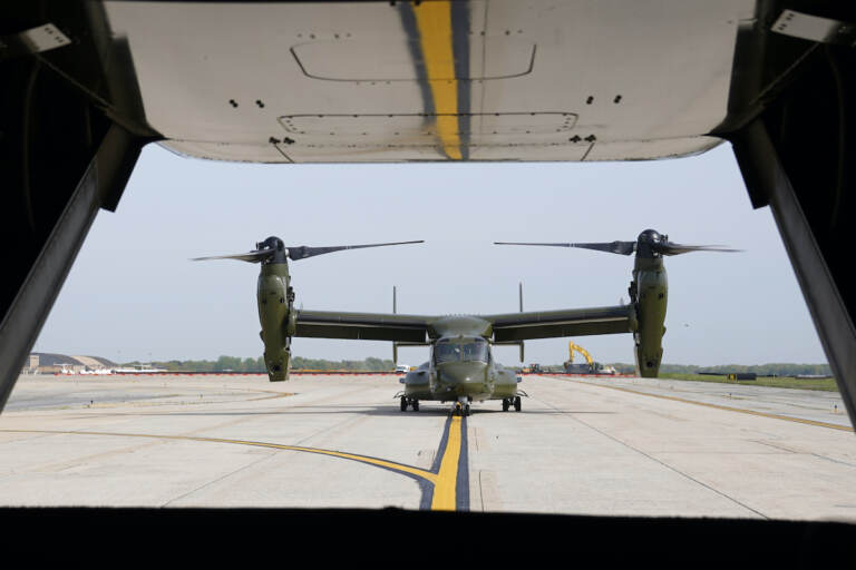 File photo: A U.S. Marine Corps Osprey aircraft taxies behind an Osprey carrying members of the White House press corps at Andrews Air Force Base, Md., on April 24, 2021. (AP Photo/Patrick Semansky)