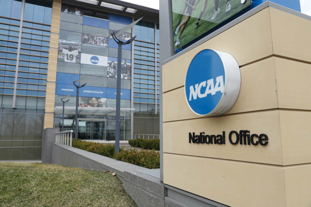 College Athletes-Compensation Final Four flag fly over the headquarter of the NCAA in Indianapolis, Thursday, March 12, 2020.