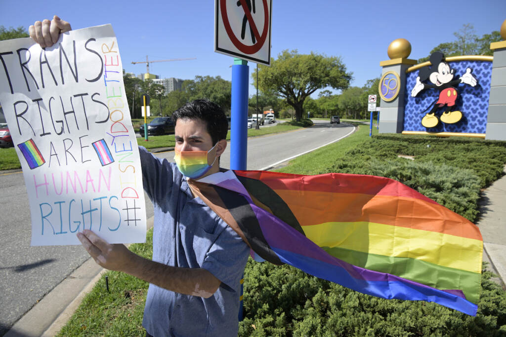 Nicholas Maldonado Disney cast member Nicholas Maldonado protests his company's stance on LGBTQ issues, while participating in an employee walkout at Walt Disney World, Tuesday, March 22, 2022, in Lake Buena Vista, Fla.