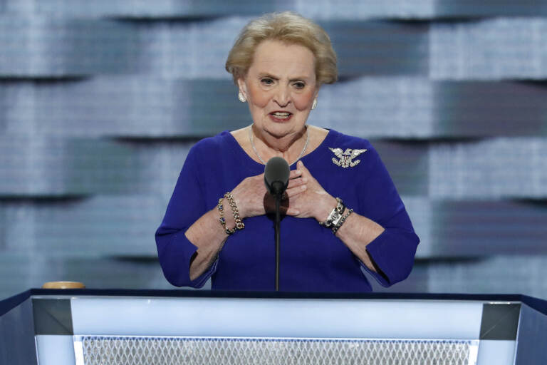 File photo: Former Secretary of State Madeleine Albright speaks during the second day of the Democratic National Convention in Philadelphia, July 26, 2016. (AP Photo/J. Scott Applewhite, File)