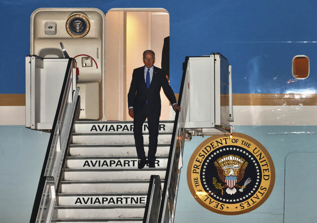Belgium Russia Ukraine War Summit U.S. President Joe Biden steps off Air Force One as he arrives at Melsbroek military airport in Brussels, Wednesday, March 23, 2022. Western leaders are arriving in Brussels for Thursday's summits taking place at NATO and EU headquarters where they will seek to highlight their sense of unity in the face of the Russian invasion in Ukraine