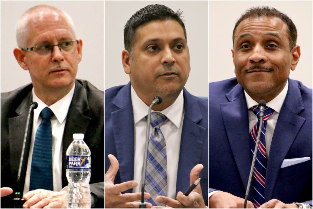 Philly superintendent candidates collage. John L. Davis, Jr., Krish Mohip, and Tony Watlington Sr.