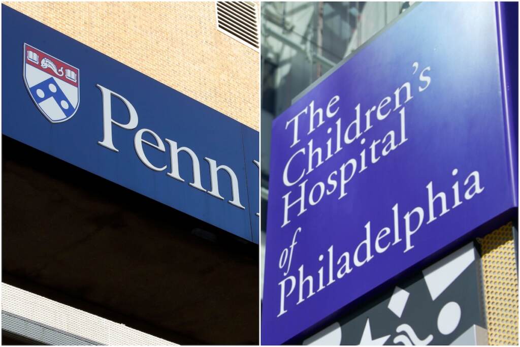 Penn Med CHOP 2 box Signs for the Hospital of the University of Pennsylvania and The Childrens Hospital of Philadelphia. (AP Photo/Matt Rourke and Nat Hamilton/for NewsWorks)