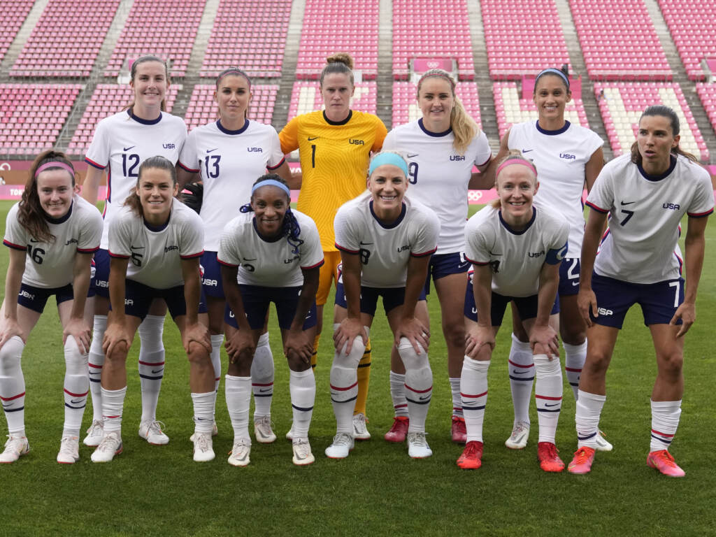 On Tuesday, members of of the U.S. National Women’s Soccer team, pictured at the 2020 Tokyo Summer Olympics, marked Equity Pay Day in a panel discussion with Vice President Kamala Harris. On Tuesday, members of of the U.S. National Women's Soccer team, pictured at the 2020 Tokyo Summer Olympics, marked Equity Pay Day in a panel discussion with Vice President Kamala Harris. (Fernando Vergara/AP)