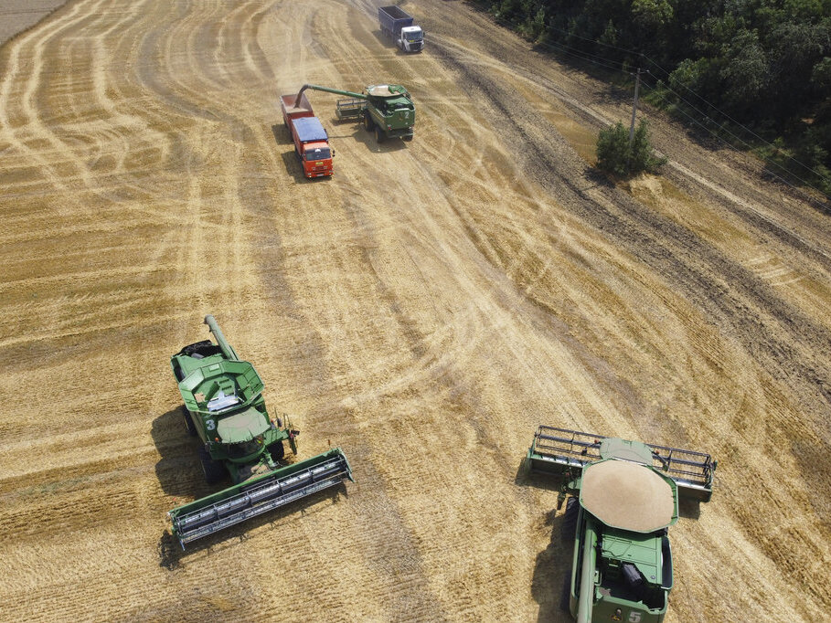 Farmers use combines to harvest a wheat field in July 2021 near the village Tbilisskaya, Russia. Russia accounts for 30% of global wheat exports. File photo: Farmers use combines to harvest a wheat field near the village Tbilisskaya, Russia, on July 21, 2021. Russia accounts for 30% of wheat exports, which means that poorer countries that depend on imports could face major supply shocks