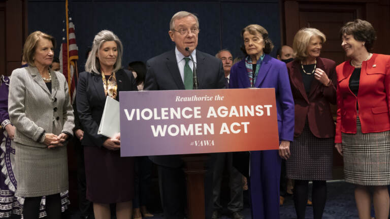 Senate Judiciary Chairman Dick Durbin, D-Ill., center, holds a news conference to announce a bipartisan update to the Violence Against Women Act, at the Capitol in Washington, Wednesday, Feb. 9, 2022. He is joined by, from left, Sen. Patrick Leahy, D-Vt., Sen. Shelley Moore Capito, R-W.Va., Sen. Joni Ernst, R-Iowa, Sen. Dianne Feinstein, D-Calif., Sen. Lisa Murkowski, R-Alaska, and Sen. Susan Collins, R-Maine. (AP Photo/J. Scott Applewhite)