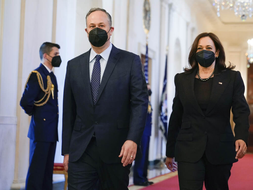 Vice President Kamala Harris and second gentleman Doug Emhoff arrive before President Joe Biden speaks at an event to celebrate Black History Month in the East Room of the White House, Monday, Feb. 28, 2022, in Washington. Vice President Kamala Harris and second gentleman Doug Emhoff arrive before President Joe Biden speaks at an event to celebrate Black History Month in the East Room of the White House, Monday, Feb. 28, 2022, in Washington
