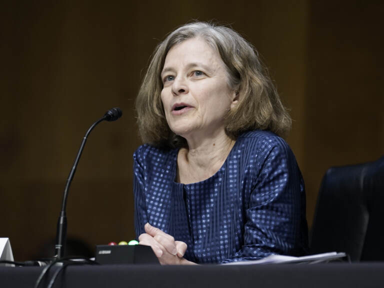 FILE - Sarah Bloom Raskin, a nominee to be the Federal Reserve's Board of Governors vice chair for supervision, speaks during the Senate Banking, Housing and Urban Affairs Committee confirmation hearing on Feb. 3, 2022, in Washington. Raskin has withdrawn her nomination to the Federal Reserve’s Board of Governors, according to a person familiar with the matter. (Ken Cedeno/Pool via AP, File)