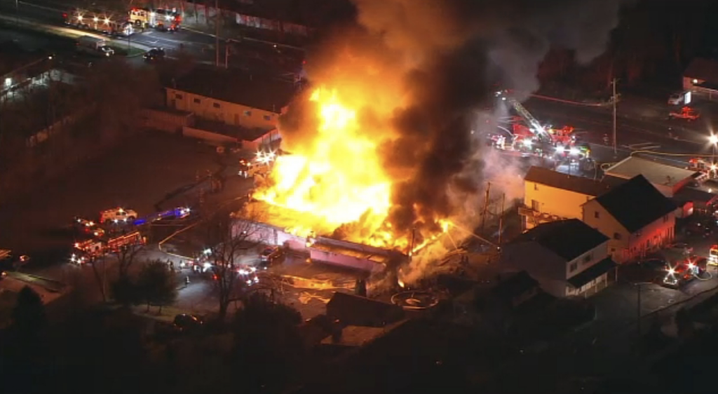 Helicopter footage shows Levittown Lanes on fire in Bucks County.