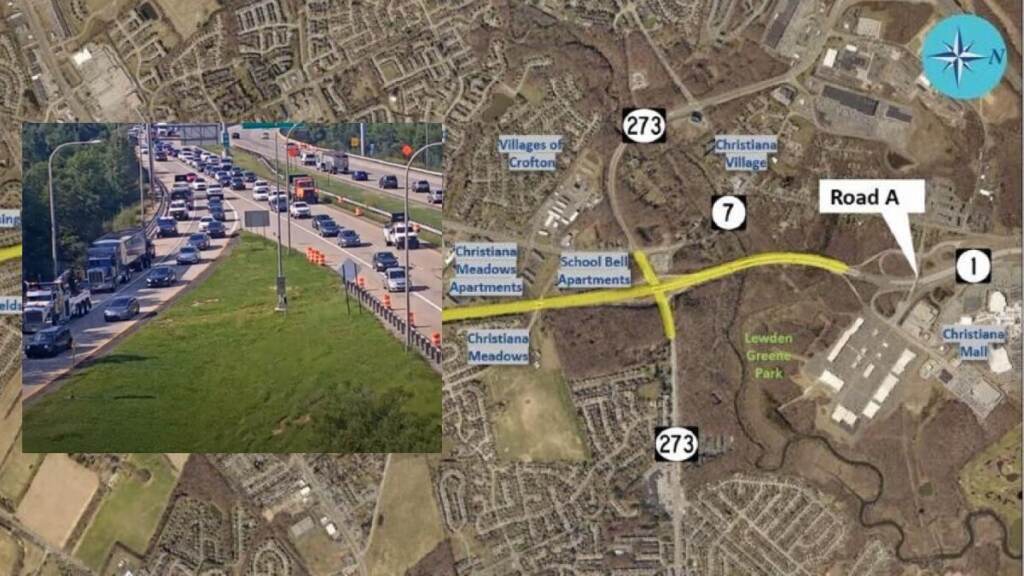 christiana mall project Traffic jams are a daily hassle on the stretch of Delaware 1 near Christiana Mall (at right on map) but there are plans to widen the roadway and improve exits. (State of Delaware)