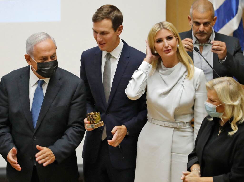 Jared Kushner is seen here talking with Israel’s opposition leader and ex-premier Benjamin Netanyahu, left, with his wife Ivanka Trump at the Knesset in Jerusalem on Oct. 11, 2021. Kushner, a senior adviser to former President Trump, appeared before the House Jan. 6 select committee on March 31, 2022. Jared Kushner is seen here talking with Israel's opposition leader and ex-premier Benjamin Netanyahu, left, with his wife Ivanka Trump at the Knesset in Jerusalem on Oct. 11, 2021. Kushner, a senior adviser to former President Trump, appeared before the House Jan. 6 select committee on March 31, 2022. (Ahmad Gharabli/AFP via Getty Images)