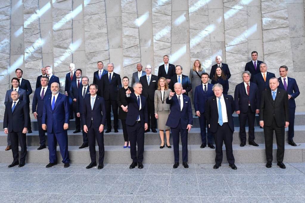 Leaders of NATO member nations pose for a family photo at NATO Headquarters in Brussels on March 24.