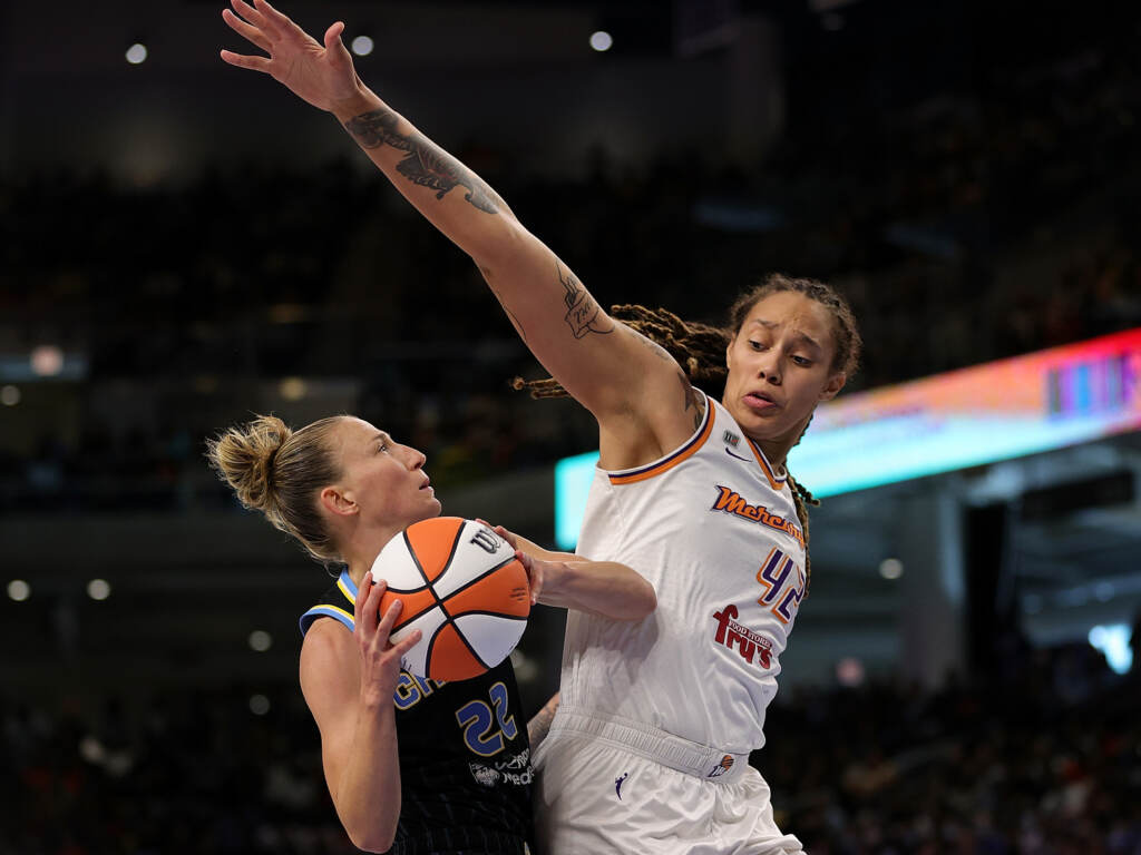 Brittney Griner, pictured blocking Courtney Vandersloot, was arrested upon her arrival at an airport outside of Moscow. Russian officials claim she was transporting hash oil vape cartridges in her luggage – a charge that carries up to 10 years in prison. File photo: Courtney Vandersloot #22 of the Chicago Sky drives to the basket against Brittney Griner #42 of the Phoenix Mercury during Game Four of the WNBA Finals at Wintrust Arena on October 17, 2021 in Chicago, Illinois. (Stacy Revere/Getty Images)