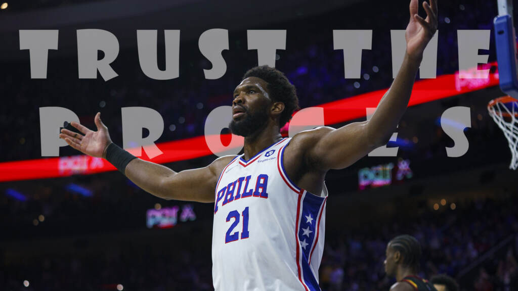 Philadelphia 76ers' Joel Embiid reacts during the second half of an NBA basketball game against the Cleveland Cavaliers, Saturday, Feb. 12, 2022, in Philadelphia. The 76ers won 103-93. (AP Photo/Chris Szagola)