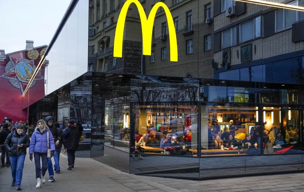 McDonald's has closed its more than 800 restaurants in Russia in response to Russia's invasion of Ukraine. This photo at a Moscow McDonald's was taken on March 13, just before it was closed.